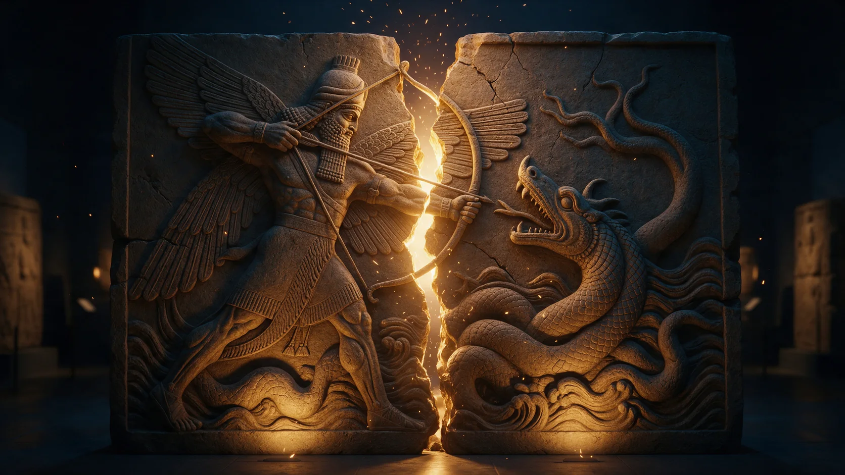 Relevo de pedra mesopotâmico com um deus alado de arco diante de um dragão do mar, rachado ao meio por uma luz dourada (ilustração feita com IA)