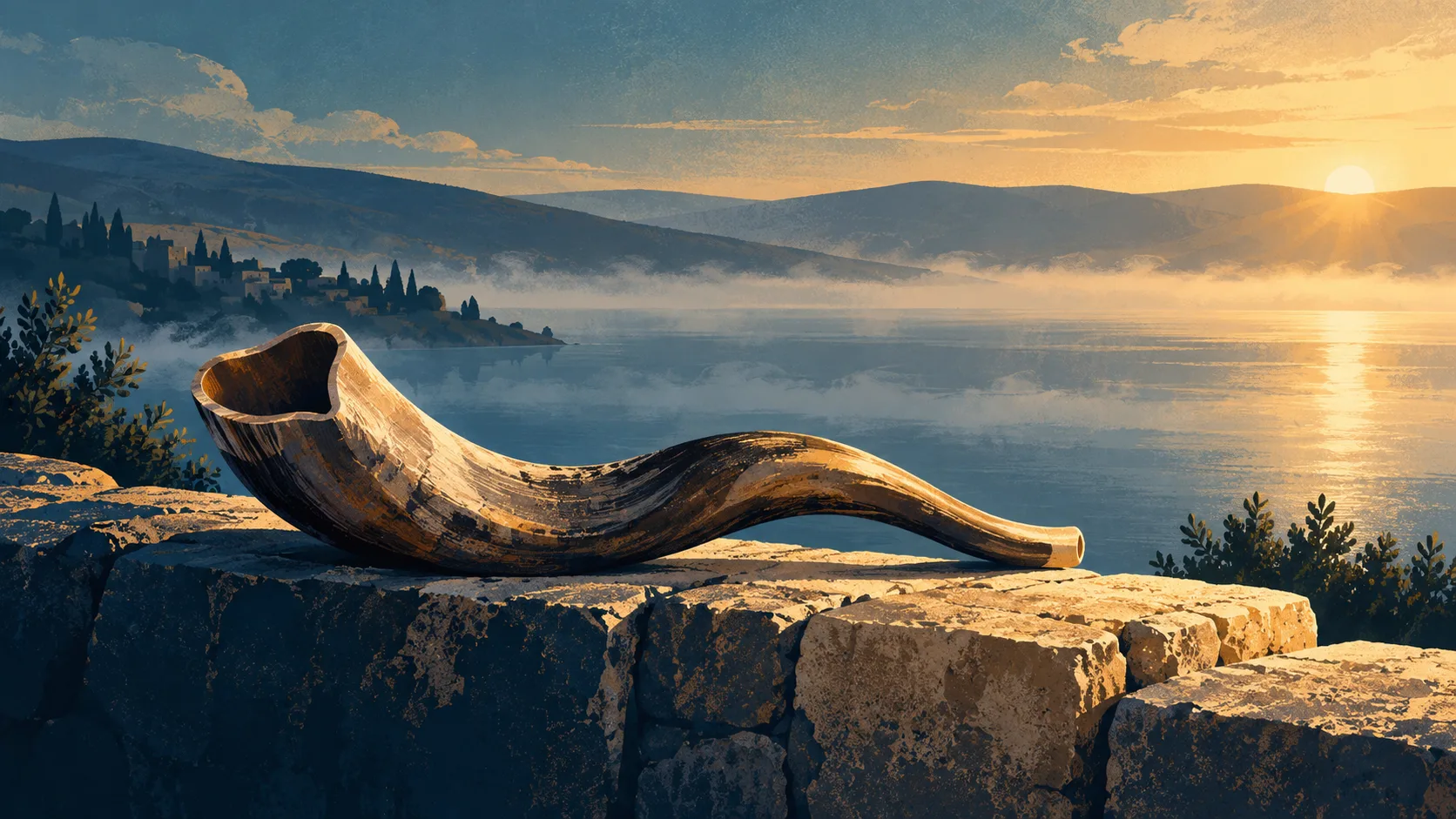 Um shofar apoiado num muro de pedra antigo diante do Mar da Galileia ao amanhecer, com neblina sobre a água