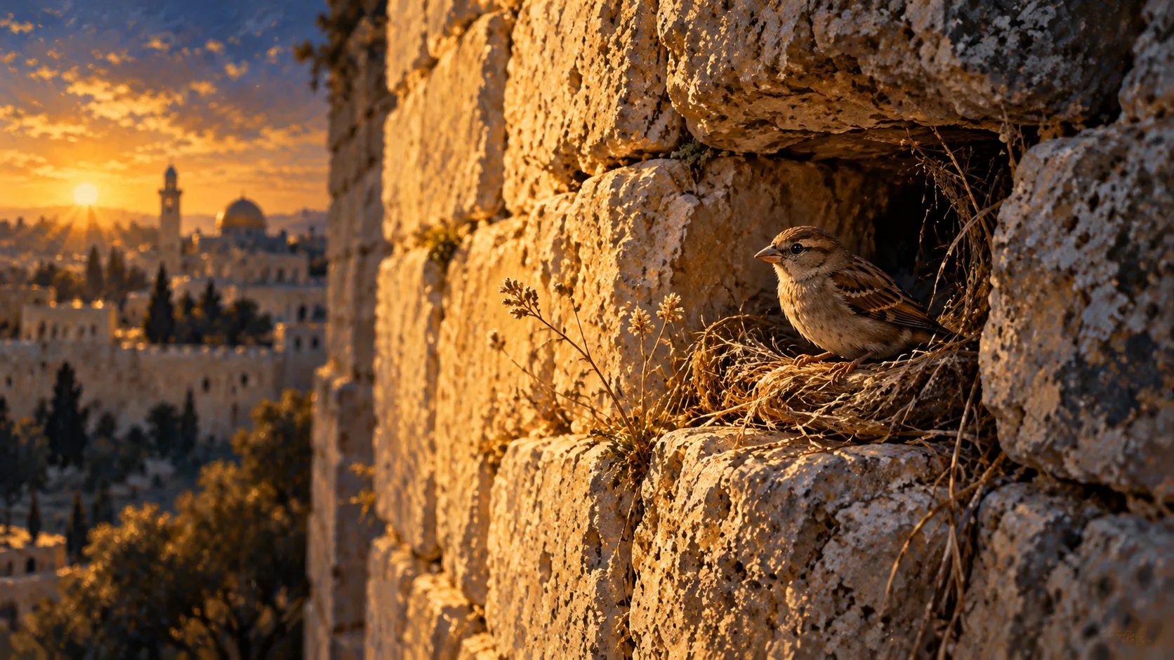 Um pardal no ninho, numa fresta do muro de pedra de Jerusalém, ao fim da tarde