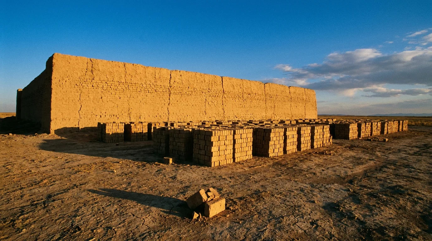 Pilha de tijolos de barro queimado ao pé de uma muralha de barro, sob um céu aberto de fim de tarde, numa planície seca (imagem feita com IA)
