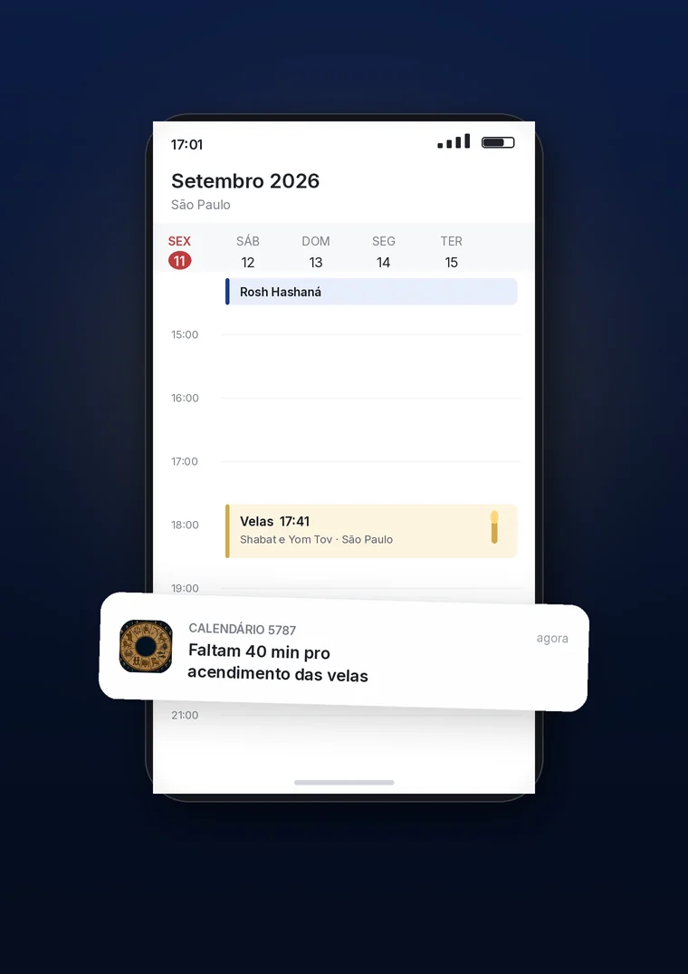O Calendário Judaico 5787 no celular, com o lembrete do acendimento das velas