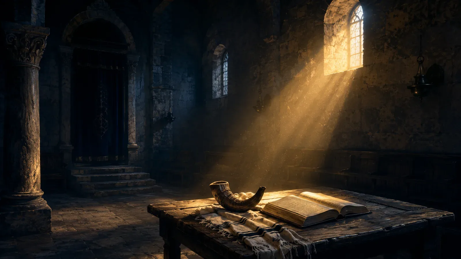Sinagoga de pedra vazia antes do amanhecer, com um shofar sobre a mesa de leitura ao lado de um livro aberto