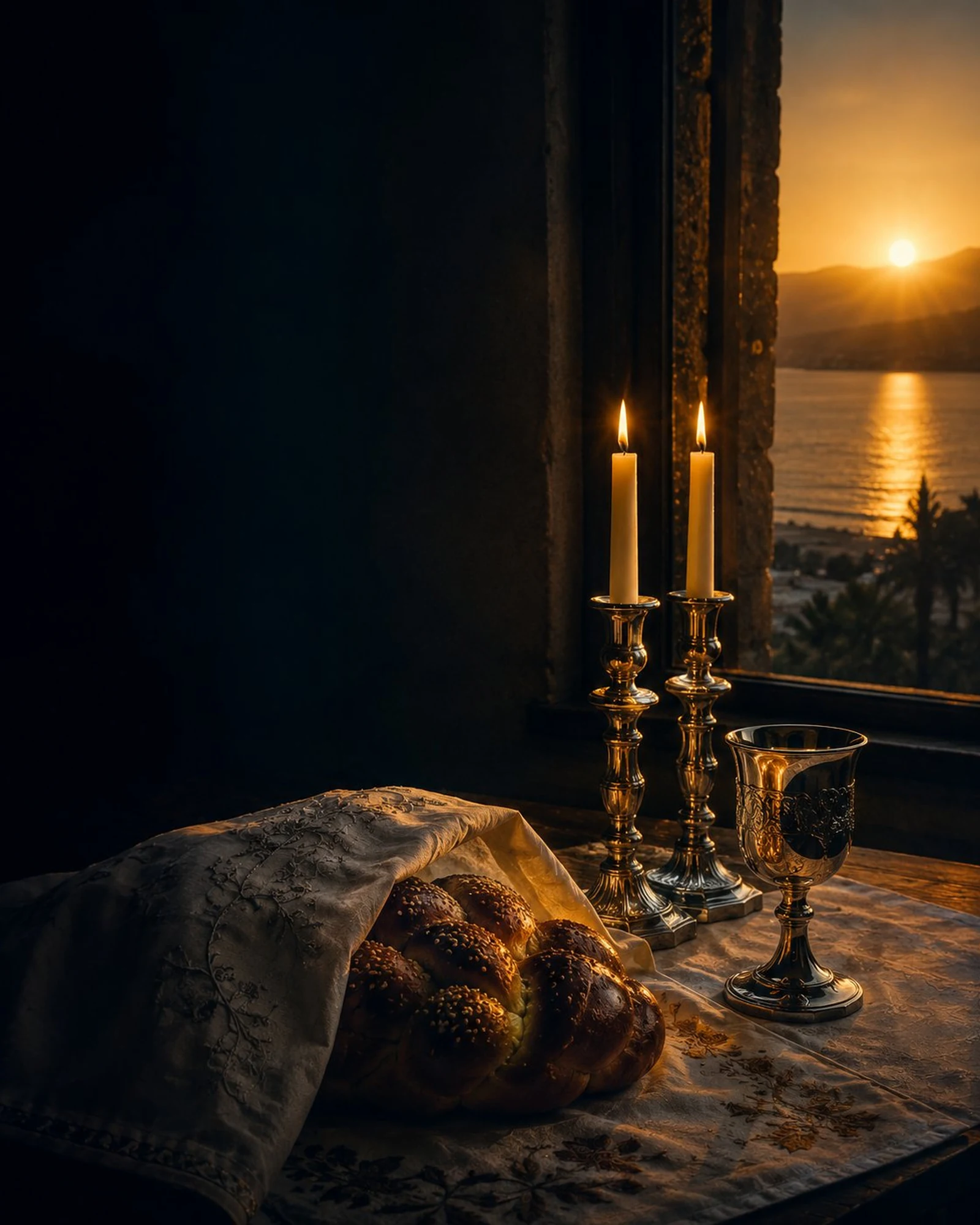 Mesa de Shabat ao pôr do sol, com o Kineret ao fundo, em Tiberíades