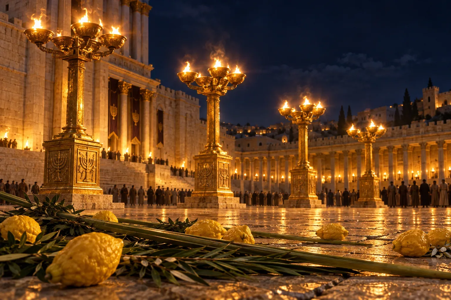 O pátio do Templo à noite em Sucot, com candelabros de ouro acesos e etrogim e lulavim caídos no chão de pedra
