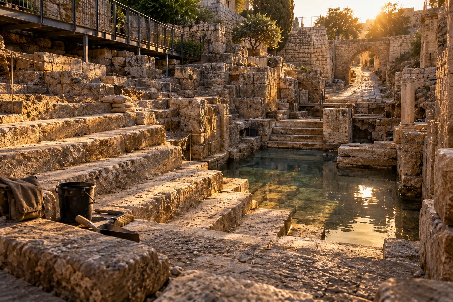 Os degraus escavados do tanque de Shiloach, na Cidade de David, em Jerusalém, com a rua de pedra subindo ao fundo