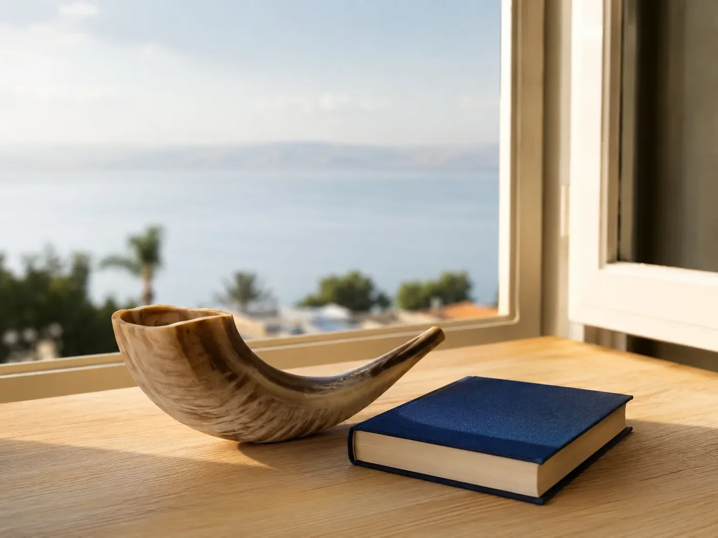 Um shofar de carneiro sobre uma mesa de madeira, ao lado de um livro de rezas, com o Kineret desfocado ao fundo