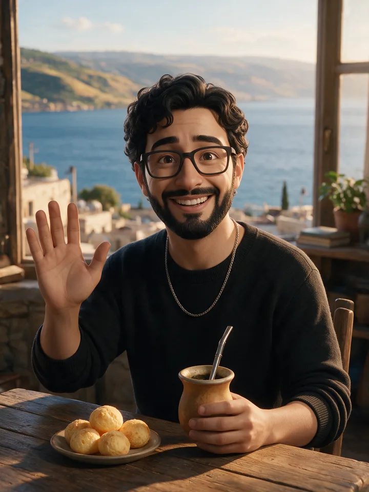 Ilustração 3D do Gilad em casa em Tiberíades, à mesa com vista para o Kinéret, dando tchau, comendo pão de queijo e tomando mate