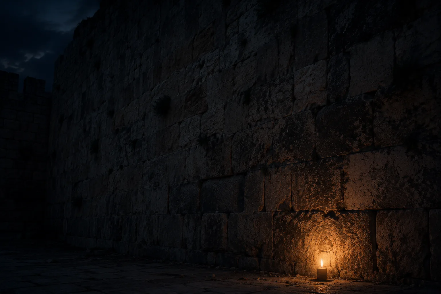 Grande muralha de pedra de Jerusalém à noite, com uma única vela acesa iluminando a base